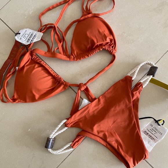 NWT De Chelles Aqua Orange Macrame Triangle Bikini Set Made in Brazil Size M - Picture 4 of 10